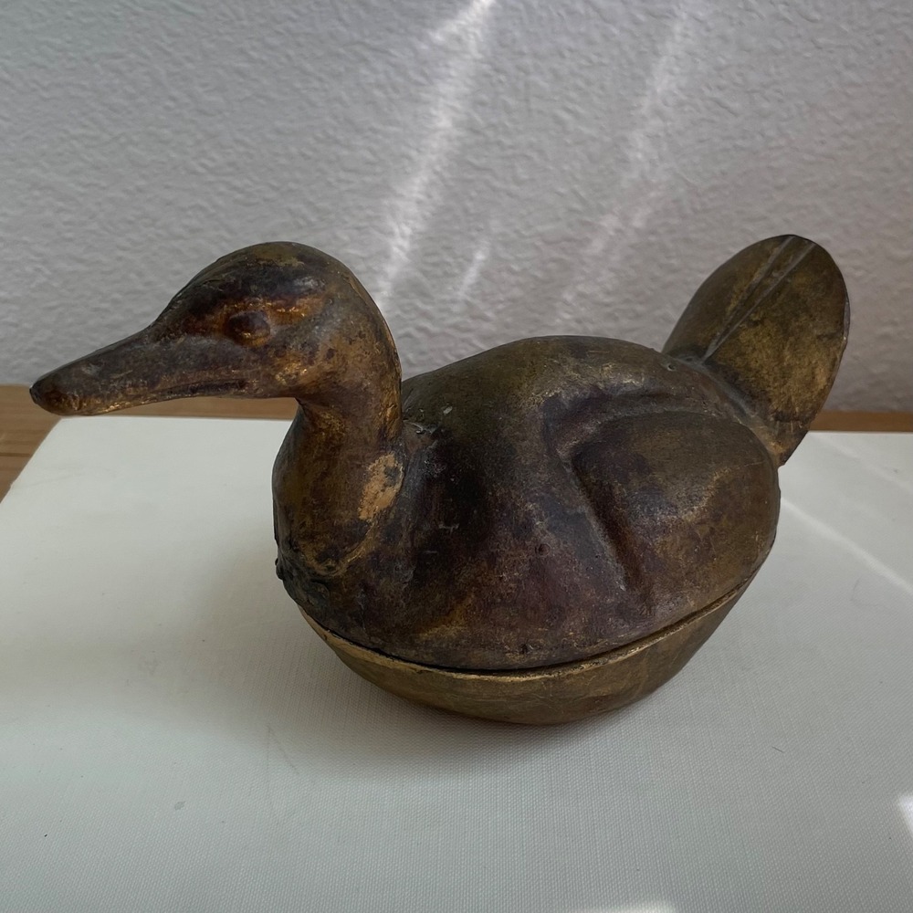 Vintage Brass Duck Trinket Box Metal Bird Figurine Container Japan Mid Century
